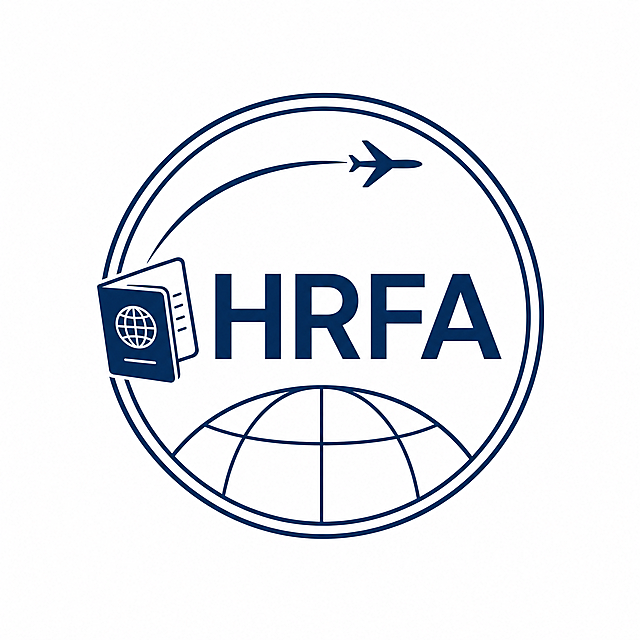 干净的纯白色背景。平面logo设计，徽章式圆形构图，中心是"HRFA"四个大写英文字母，简约现代无衬线字体，字母横向排列居中。圆形边框由两条同心细线组成，圆环内上方有一架极简风格的飞机剪影沿圆环弧度飞行，圆环内下方有简化的地球经纬线图案。左侧融入打开的护照本简化图形作为装饰元素。整体采用深海军蓝单色，线条精致，庄重专业，适合移民与人力资源服务机构。设计简洁有力，识别度高。仅包含这4个字母："H"、"R"、"F"、"A"，不得增加、遗漏或替换任何一个字母。文字整体必须完整呈现在画面内不可被裁切，四周留有安全边距。