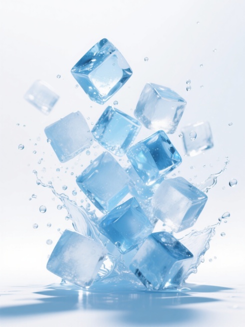 高品质3D渲染，大量透明蓝白色冰块从画面底部向上飞溅，冰块棱角分明，表面有清晰的反光和折射效果，部分冰块边缘带有细微的水花和水珠，整体呈现出晶莹剔透、清凉纯净的质感，光线从上方照射，冰块底部产生柔和的阴影，背景为纯白色，营造出清爽、动态、充满活力的氛围，画面构图饱满，冰块的动态感强烈，细节丰富，具有高清晰度和真实的材质表现。预览效果