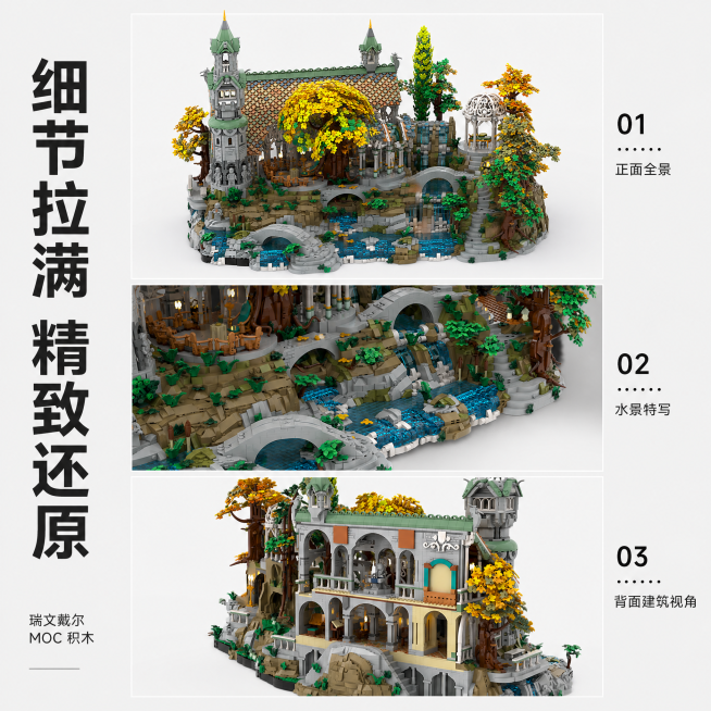 [第2屏] 多角度细节展示屏，展示瑞文戴尔MOC积木的精细设计细节。保持积木的物理结构、材质质感、颜色与输入产品图一致，本屏使用【图2】【图3】【图4】分三栏展示不同角度细节。
[氛围/风格] 简约设预览效果