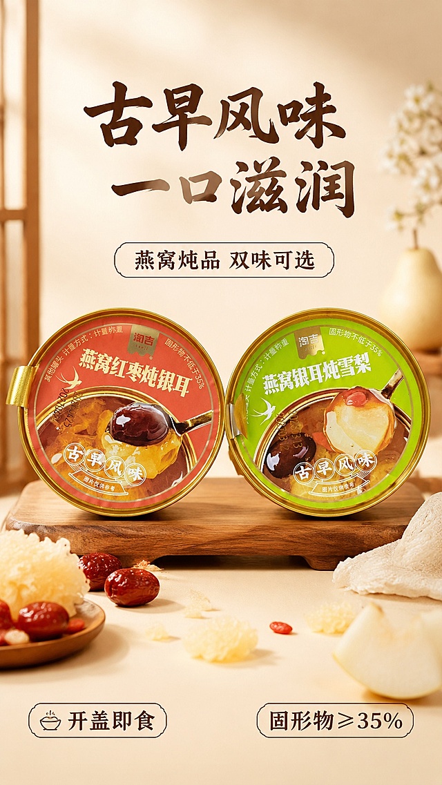 [第1屏] 详情页头图-淘吉双口味即食炖品宣传海报，本屏使用【图1】【图2】分别作为两款商品主体，横向并排展示。
[氛围/风格] 温润滋补国风，暖调食欲感，真实商业摄影质感，适合朋友圈传播。
[元素布局] 两款产品分别占据画面左右两侧，每款产品占比约40%，整体主体合计占比约80%；产品包装结构、颜色、文字排版与输入产品图保持完全一致；中部留白放置主标题，下方点缀散落的红枣块与雪梨块作为装饰，增加食欲氛围。
[光影质感] 顶部柔光主照明，底部自然投影，保留产品包装金属光泽，整体明暗层次清晰，商品主体突出。
[配色色系] 全局底色 #F9F3EA，主色为产品红+产品绿，辅助色为木色台面、米白装饰。
[视角构图] 正面平视，双品对称布局，阅读动线从上到下，视觉中心为双产品组合。
[文字版式] 版式为顶部标题 + 中部双产品 + 底部信息。主标题「古早风味 一口滋润」，副标题「燕窝炖品 双味可选」，主标题采用温润书法字体，副标题采用圆角黑体，字色统一深棕色，文字不遮挡产品主体；底部左侧标注「开盖即食」，右下角标注「固形物≥35%」，信息清晰易读。
[比例分辨率] 9:16 竖版比例，4K分辨率，文字清晰可辨，高清画质。
[负向提示词] 产品变形，颜色偏差，包装文字错乱，缺件错件，水印，文字过小，背景杂乱