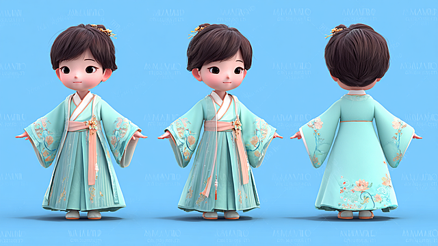 3D cartoon Chinese style young boy IP character design, wearing Chu-style straight robe, lotus accessories, gentle and delicate features, Chinese style patterns, flowing skirt, three views: front view, side view, back view, solid color background, main colors: light water blue, bright moon white, early lotus pink, 3D cartoon style, Chinese style