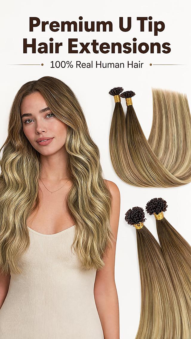 [第1屏] 首屏主视觉展示 U Tip Balayage Ombre human hair extensions. 本屏使用【图1】作为商品主体，左侧展示模特佩戴效果，右侧展示产品发丝本体，呈现混色渐变棕金色发丝。
[氛围/风格] 简约干净的跨境电商商业风格，真实产品展示，柔和光线，突出发丝质感。
[元素布局] 左侧模特半身展示佩戴效果占比约50%，右侧产品发丝摆放占比约45%，整体结构清晰，保留产品原有颜色、混色渐变效果和U Tip结构一致。
[光影质感] 正面柔光，清晰勾勒发丝纹理，自然阴影，层次分明。
[配色色系] 全局底色 #ffffff, 主色浅米白，辅助色深棕标题色。
[视角构图] 正面平视构图，左右分栏，阅读从上到下。
[文字版式] 顶部主标题 "Premium U Tip Hair Extensions", 副标题 "100% Real Human Hair", 主标题粗体深棕色，副标题常规字重，文字不遮挡商品主体。
[比例分辨率] 9:16 竖版，4K分辨率，文字清晰可辨，高清画质。
[负向提示词] 产品变形，颜色偏差，文字错乱，水印，产品模糊，结构错误。