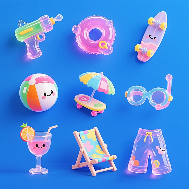3D卡通风格，充气玩具拟人化设计，夏日海滩主题，可爱趣味十足。