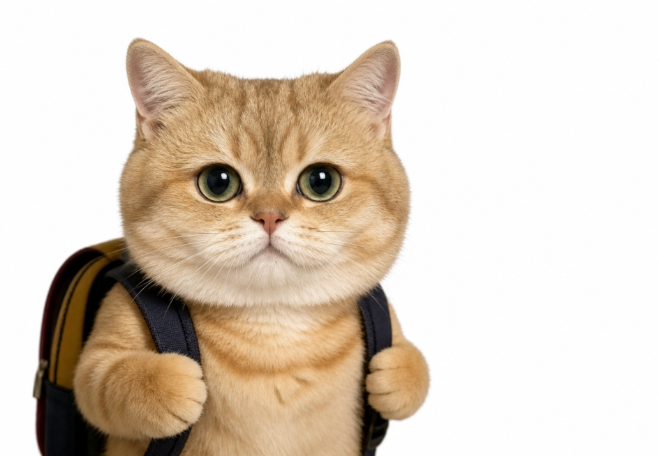 保留图一橘猫的身体、背包和姿势，将图一的头部替换为图二猫咪的头部，保持头肩比例和图一一致，保持头部端正摆正，保证毛色和风格自然融合，保留纯白色背景预览效果