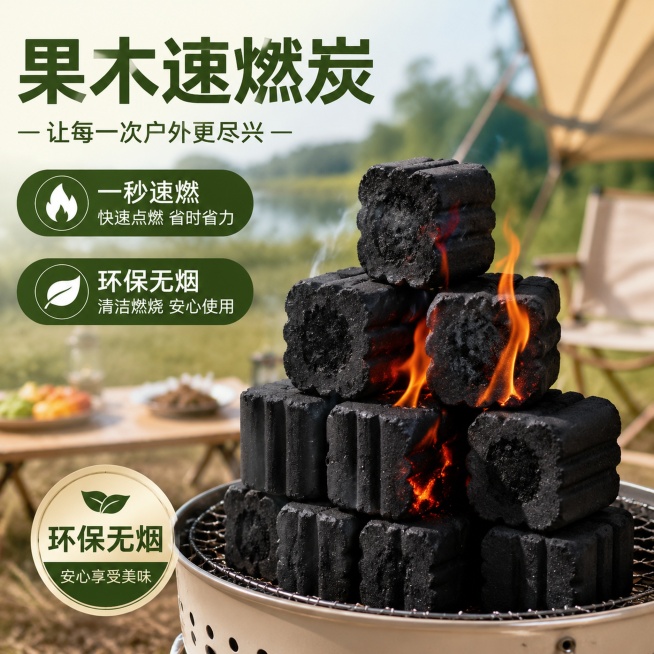 「图片1」，生成电商主图（3张），商品名称是果木速燃炭，卖点是一秒速燃，环保无烟，风格是露营野炊，适配淘宝/天猫平台，主图比例为1:1预览效果