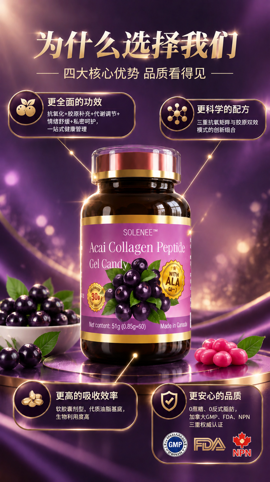 基于参考图1的海报整体风格、紫色背景、产品瓶身和构图进行修改，… - 图片创意预览