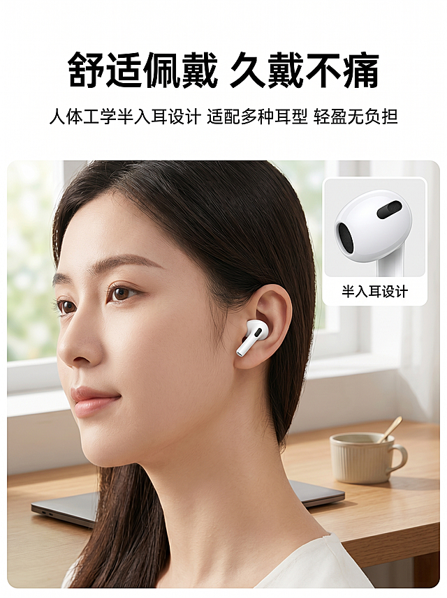 [主图-3] Air7蓝牙耳机佩戴舒适感展示
[氛围风格] 生活化科技风，整体光影调性与主图1保持统一
[画质] 商业摄影质感，光线柔和通透，产品清晰真实，画面干净高级
[元素] 年轻女性模特侧颈部特写，佩戴Air7半入耳蓝牙耳机，展示佩戴贴合度，产品保持和参考图一致的外观和颜色。背景为简约书桌场景，放有笔记本电脑和一杯咖啡，营造日常使用氛围。右上角放产品微距特写小画框，标注"半入耳设计"，特写展示耳机弧度和腔体细节。整体画面层次分明，产品和体验结合
[光影] 自然柔和室内窗边光，主光打亮模特佩戴区域，特写框补光清晰展示细节，光影过渡自然
[配色] 整体浅调清新配色，以浅木色和白色为主，和产品白色机身统一和谐
[文字版式] 顶部居中大字主标题"舒适佩戴 久戴不痛"，粗体无衬线字体；下方小字说明"人体工学半入耳设计 适配多种耳型 轻盈无负担"；文字放置在顶部留白区域，不遮挡主体
[比例分辨率] 3:4比例，2k分辨率，文字清晰锐利，超高清
[负向提示词] 变形，水印，文字错乱，产品图模糊，背景杂乱