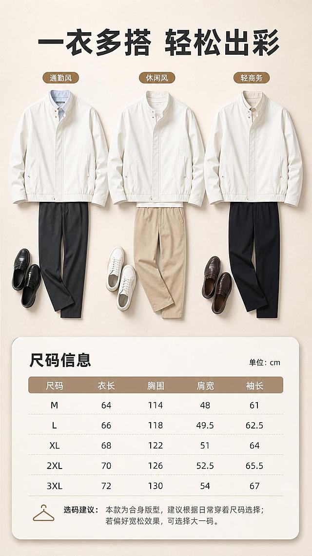 [商品] 使用【图1】米白色立领休闲夹克；商品处理：保留立领、暗门襟拉链、插肩袖、松紧下摆、斜插口袋、口袋金属铆钉、颜色和面料质感；自然去除衣身杂乱褶皱，理顺垂坠，增强面料纹理、缝线和五金高光，不改变版型和结构。
[画面] 目标：搭配灵感与尺码信息页，提供穿搭建议与选购参考。构图：上下分栏，上方60%区域展示夹克搭配示意图（配简约长裤、休闲鞋的平铺搭配排列），下方40%区域为尺码信息卡。景别：中景平铺+信息卡。前中后景：前景浅米色台面，中景搭配衣物平铺和尺码卡，后景暖米白背景。氛围：实用清晰的选购指南感。
[视觉] 套系策略：风格=极简高级商业摄影；标题字=现代无衬线粗体；正文字=简洁无衬线体；主色=米白暖调；背景延展=基于米白色做深浅层级渐变、细腻纸张/墙面质感；强调色=深棕金，仅用于小面积图标、引线和标签；标题色=深炭灰；正文色=中暖灰；组件=细线引线、圆角浅底信息卡；光影=左前侧暖柔光，柔和自然阴影。
[文字] 上方主标题「一衣多搭 轻松出彩」，配3个搭配标签：通勤风 / 休闲风 / 轻商务。下方尺码表含：尺码、衣长、胸围、肩宽、袖长字段，加一行选码建议。文字全部横排，清晰可读。
[规格] 图片比例9:16竖版，2K分辨率，避免变形、错字、文字过小、冷蓝背景、衣服颜色改变、版型失真、白底孤立。