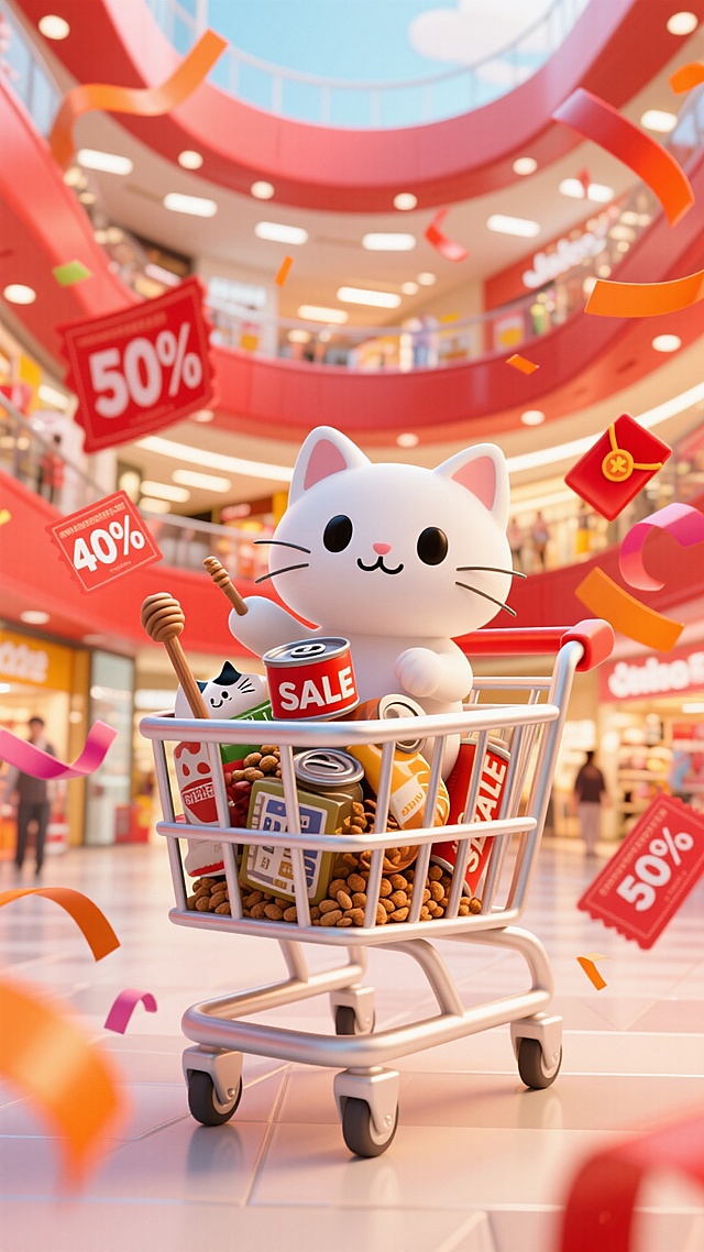软3D风格萌猫推购物车，拟人化设计满载促销商品，商场飘舞彩带与折扣券，营造可爱、卡通、喜庆的节日促销氛围。