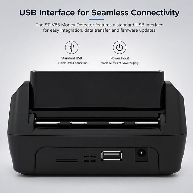 [Main image 4] ST-V65 Money Detector rear interface detail display. This image uses [image 3] as product reference.
[Style] Detail feature display, professional technical style, light gray gradient background.
[Quality] High definition commercial photography, clear interface details, texture shows.
[Elements] Show the back of the product, focus on the USB interface and power port design, product occupies 75% of the picture. Keep the product appearance, interface position, color consistent with input image, highlight the standard USB connectivity feature. Add text description to introduce USB interface convenience, background is light gray.
[Lighting] Even back studio light, highlight the interface structure, clear texture, natural shadow.
[Color matching] Light gray background, black product body, silver interface, strong contrast.
[Perspective composition] Rear view, close-up