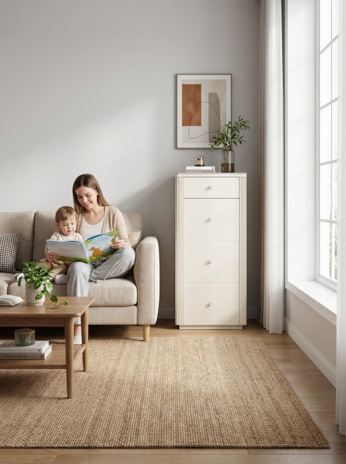 把产品放置在现代家居客厅中，左边放置沙发，沙发上坐着年轻妈妈在陪小孩看书刊预览效果