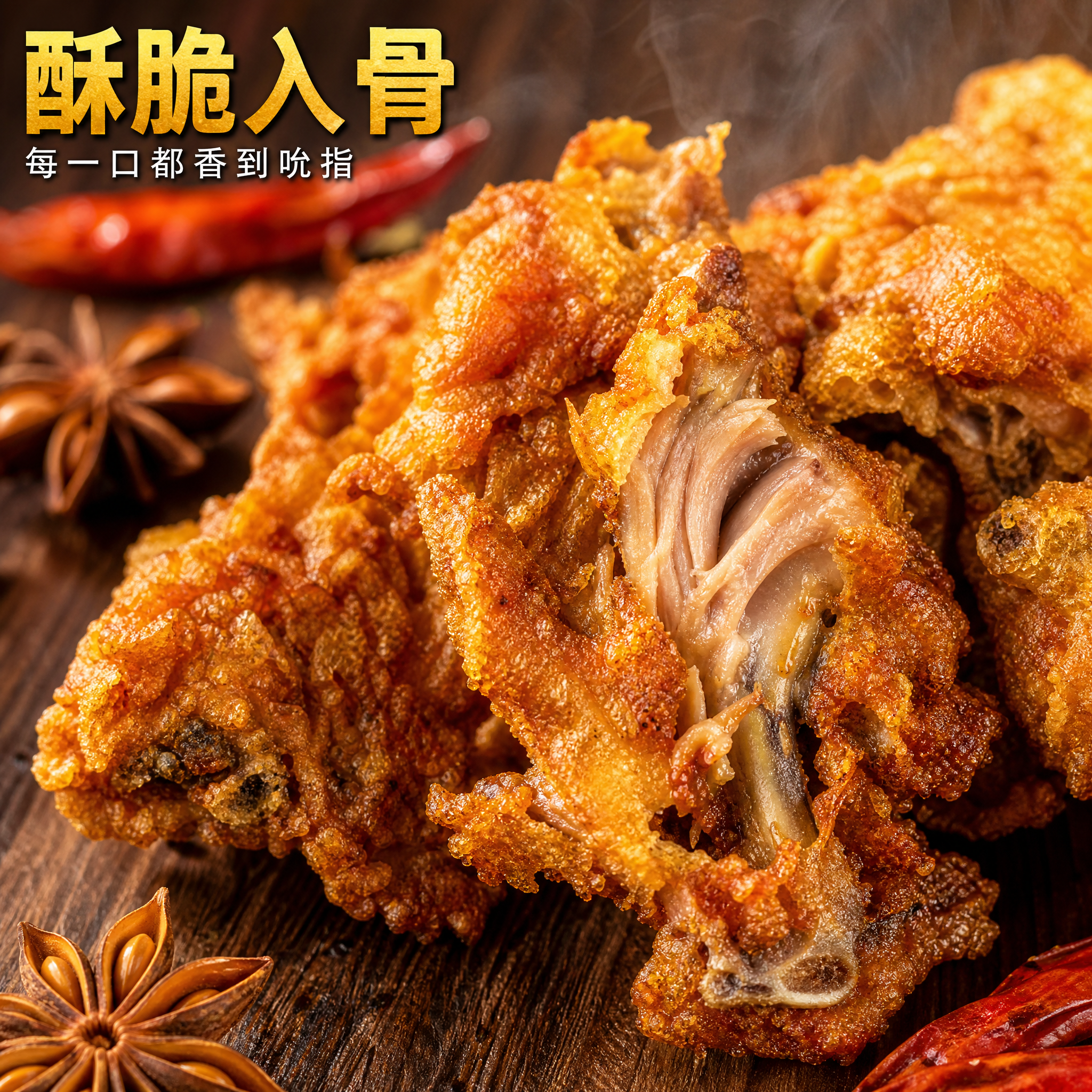 [主图-2] 细节微距图，展示香酥鸡架炸制后的酥脆外皮细节与肉… - 图片创意预览