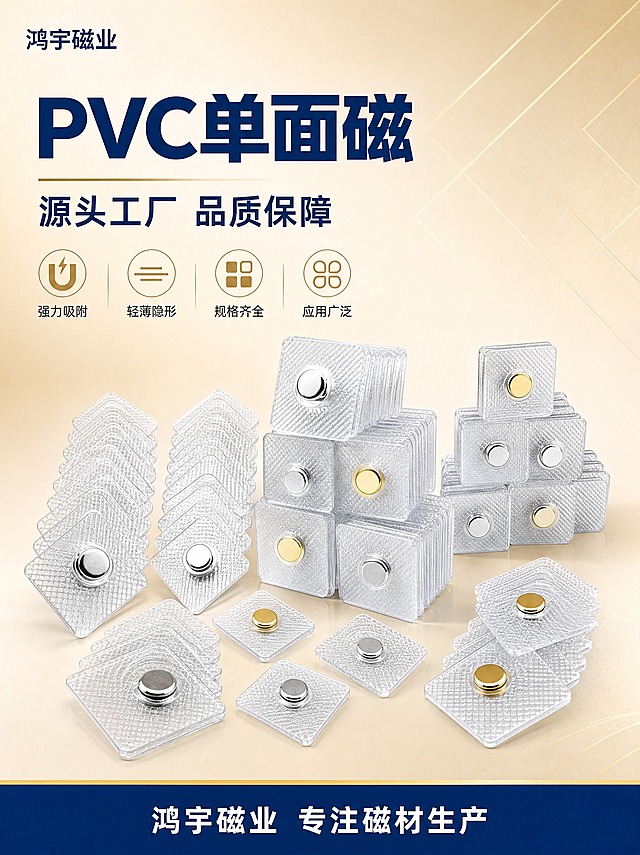 [商品] 使用【图1】【图3】【图5】PVC单面磁产品；保留透明PVC方形包胶底座（菱形格纹理）、中间镶嵌圆形银色/金色磁铁的结构，保留产品的透明质感和金属光泽，保留产品形状和比例；产品精修：清理表面灰尘和划痕，增强金属磁铁反光质感，提升PVC透明度，边缘更清晰。
[画面] 页面目标：专业头图，建立源头工厂品质感。上下构图，上半部分为标题区，下半部分为产品展示区。画面中央偏下位置陈列多枚PVC单面磁产品，有平铺的、有堆叠的，金银两色都有展示，形成丰富的产品阵列，产品占画面约55%。背景为米金色渐变，带有淡淡的几何线条装饰。左上角用文字写"鸿宇磁业"，不加图形logo。底部有一条深蓝色信息条。
[视觉] 套系策略：风格=蓝金工业品质风，源头工厂专业感；标题字=现代粗黑体，厚重有力；正文字=简洁无衬线体；主色=深蓝色+米金色；背景延展=米金色到浅米色渐变，带细腻纹理质感；强调色=浅金色，用于图标、引线、标签；标题色=深蓝色；正文色=深灰色；组件=圆角信息卡、细线引线、浅金色图标；光影=柔和顶光，金属磁铁有细腻高光，PVC通透有质感。
[文字] 上部左侧主标题深蓝色大字写"PVC单面磁"，副标题写"源头工厂 品质保障"，下方4个浅金色小图标配短文案：强力吸附、轻薄隐形、规格齐全、应用广泛。底部深蓝色信息条白字写"鸿宇磁业 专注磁材生产"。文字横排，层级清晰，不遮挡产品主体。
[规格] 图片比例3:4竖版，2K分辨率，避免变形、错字、文字过小、产品结构失真、颜色偏差、悬浮感、水印、平台Logo。