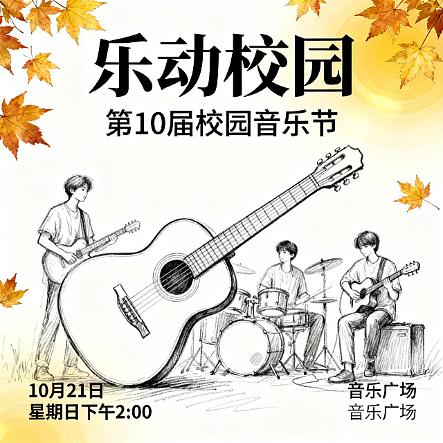 音乐节海报，主标题是“乐动校园”，副标题是“第10届校园音乐节”，清新文艺风格，金秋季节，画面中展现素描风格的吉他与乐队，标注时间：10月21日 星期日下午2:00，标注地点：音乐广场。整体色调柔和清新，秋日氛围感。