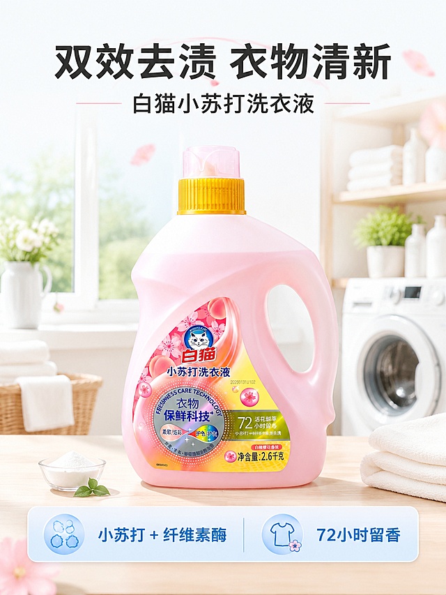 [第1屏] 详情页头图-白猫小苏打洗衣液2.6kg产品海报。本屏使用【图1】作为商品主体。
[氛围/风格] 清新干净家居洗护风，明亮通透商业摄影质感，温馨自然氛围。
[元素布局] 粉色洗衣液瓶身置于画面中央偏下位置，占比约65%；产品物理结构、比例轮廓、颜色色号保持与输入产品图一致；顶部预留主标题区域，底部浅淡洗衣场景背景，融入干净洗衣房元素，营造整洁氛围。
[光影质感] 正面柔和主光，右侧辅助补光，瓶身高光自然清晰，底部柔和投影，整体明暗层次分明，商品清晰真实。
[配色色系] 全局底色 #F5F9FC，主色淡粉色呼应产品，辅助色浅木色背景，点缀浅蓝信息条。
[视角构图] 正面45度斜视角，产品为绝对视觉中心，阅读动线从上到下：顶部标题 → 中部产品 → 底部信息。
[文字版式] 版式为顶标题+中部产品+底信息条。主标题「双效去渍 衣物清新」，副标题「白猫小苏打洗衣液」，加粗黑体居中；底部信息栏标注核心卖点「小苏打+纤维素酶 72小时留香」，文字清晰不遮挡瓶身。
[比例分辨率] 3:4 竖版比例，4K分辨率，文字清晰可辨，高清画质。
[负向提示词] 产品变形，缺件错件，颜色偏差，包装文字错乱，水印，文字过小，背景杂乱。