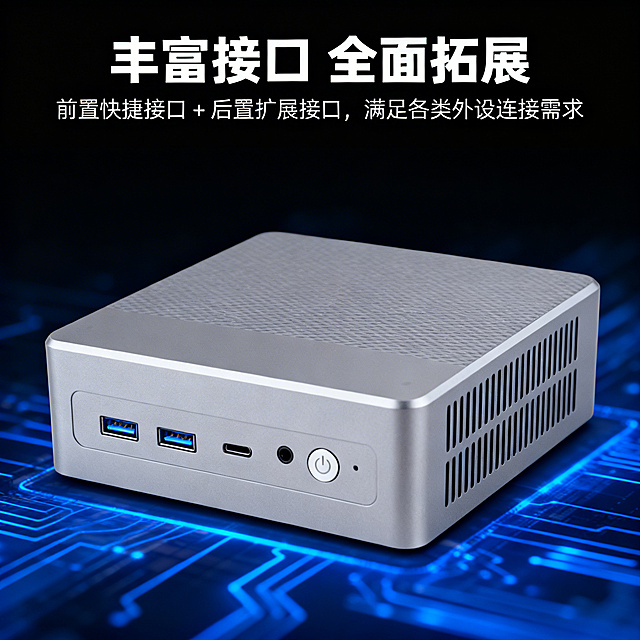 [垫图] https://gdesign-dam-hz.dancf.com/35908573855204386/a55d16c39edc488f96d992094f9c0aef.png
[主图主题] 迷你主机接口扩展卖点展示
[氛围/风格] 硬核科技风，深色背景蓝色光效，突出接口优势
[画面元素] 迷你主机接口区域特写放置在画面中央，背景带有蓝色科技电路光效，突出接口布局细节，背景铺满全屏无边框，产品接口细节与原图保持一致。
[配色色系] 主色调：深空黑、金属灰；辅助色：蓝色科技光效
[视角构图] 特写平视，接口区域占据画面中心，背景虚化突出细节
[文字版式] 顶部大标题“丰富接口 全面拓展”，白色无衬线粗体；下方分两行卖点“前置快捷接口 + 后置扩展接口，满足各类外设连接需求”，白色常规字号，排版清晰不遮挡接口细节主体。