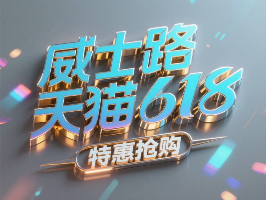 主标题”威士路天猫618"，不锈钢材质，边缘镜面倒角产生光刃效果。副标题“特惠抢购"蓝金渐变铝材表面，激光雕刻文字凹陷处透出呼吸光效。背景灰色，主标题表面反射霓虹色散光斑预览效果