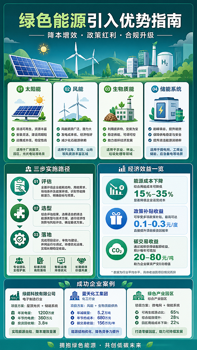 绿色能源主题竖版信息海报，9:16竖版，扁平插画风格。画面顶部大标题文字："绿色能源引入优势指南"，副标题："降本增效 · 政策红利 · 合规升级"。画面中部以四格卡片形式展示四种清洁能源类型：太阳能、风能、生物质能、储能系统，每个卡片配简洁图标和简短优势说明。画面下半部分分为左右两栏：左侧是三步实施路径（评估→选型→落地），右侧是经济效益数据展示（成本下降、补贴收益、碳交易）。底部有三个企业案例标签。整体配色以深绿色和青蓝色为主色调，白色和浅绿色做点缀，清新科技感。版式精美，信息层级清晰，四周留有舒适边距。画面中所有信息卡片和列表区域必须填充完整合理的内容，不得出现空白框。