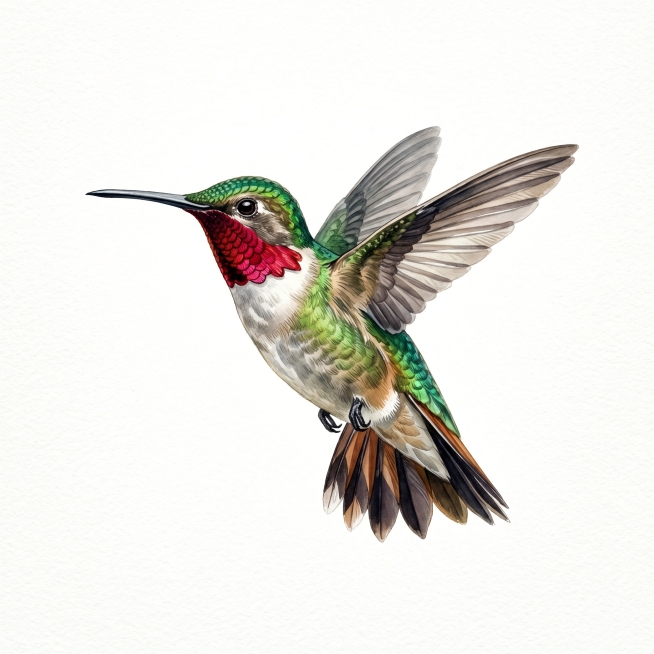 美式写实水彩风格，复古科普插画风格，阔尾蜂鸟（Broad-tailed Hummingbird），品种特征明显，画面仅包含蜂鸟，无任何其他元素，白色纯色背景预览效果