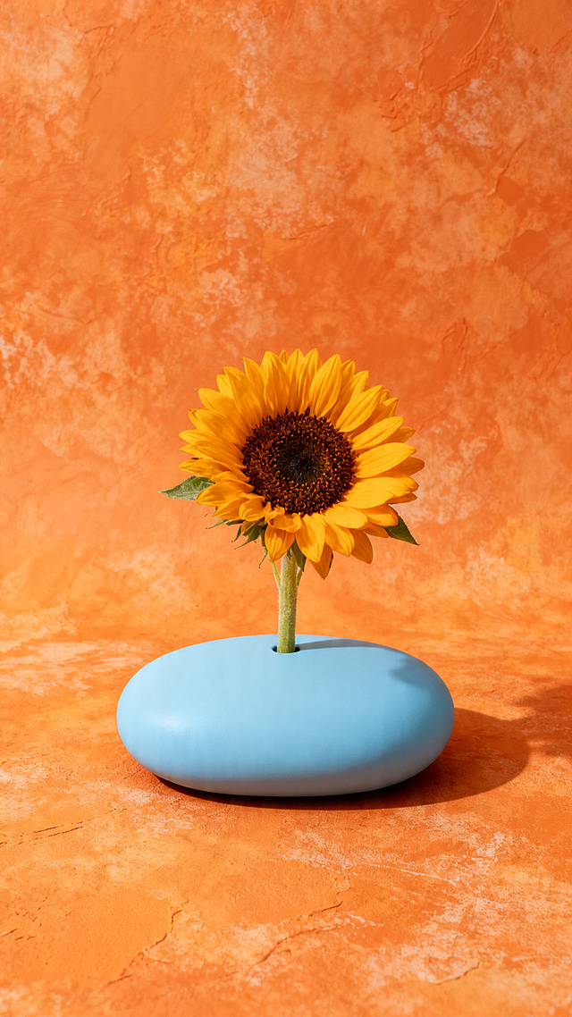 橙色岩彩质感背景中，一株向日葵置于浅蓝双色花器，轻拟物与简约主义交融，现代时尚感十足，传递清新舒适与柔和氛围。