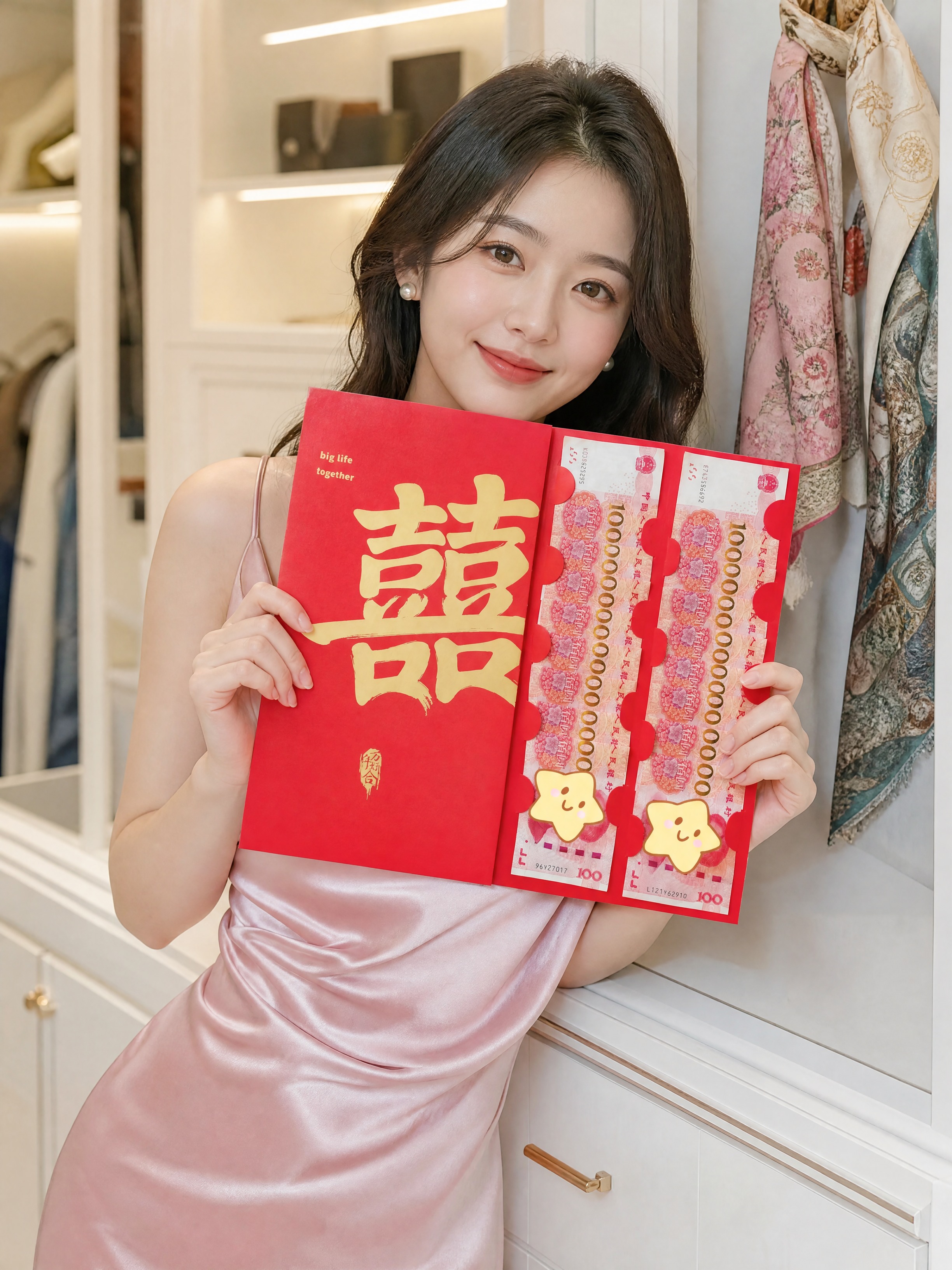 高清人像写真，轻奢室内衣帽间场景，年轻东亚新娘，豆沙粉色缎面长… - 图片创意预览
