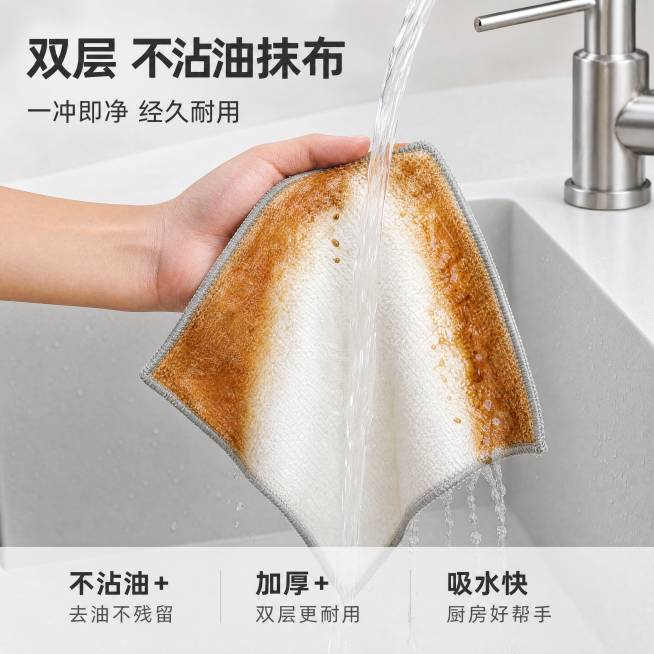 [主图-1] 双层不沾油厨房抹布使用场景首图。
[氛围风格] 洁净生活风，明亮通透，真实家庭厨房场景，清爽实用感。
[画质] 商业摄影质感、光线柔和通透、产品清晰真实、画面干净高级。保持抹布产品外观即预览效果