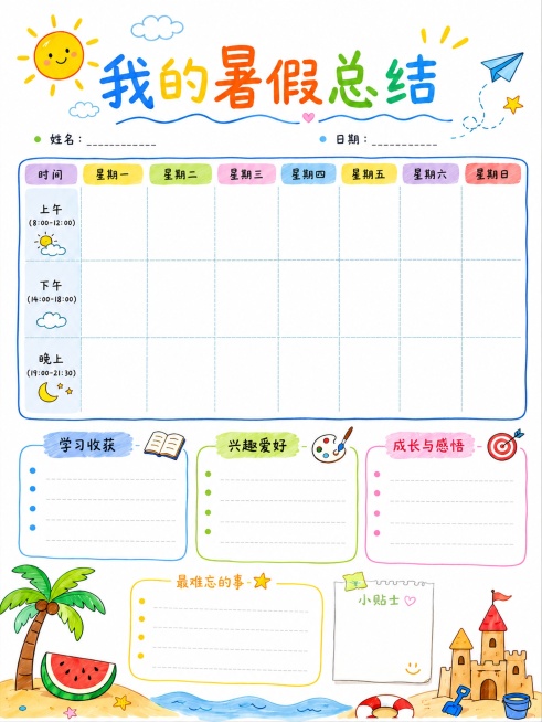 参考原图的版式骨架和马克笔手绘风格，生成一张A4尺寸的「我的暑假总结」手抄报。保留原参考图的分区结构：顶部大标题，左上角和右上角预留姓名、日期填写区，下方分多个信息区域，底部保留沙滩海边夏日风格装饰元预览效果