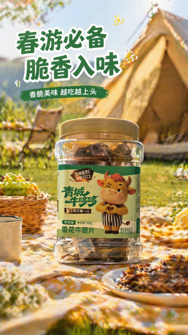 基于青城牛哆哆雪花牛脆片包装桶，更换新场景到户外露营野餐垫上，自然阳光，氛围感拉满，保留原有包装文案，添加营销文案"春游必备 脆香入味"，生成竖版9:16电商主图预览效果