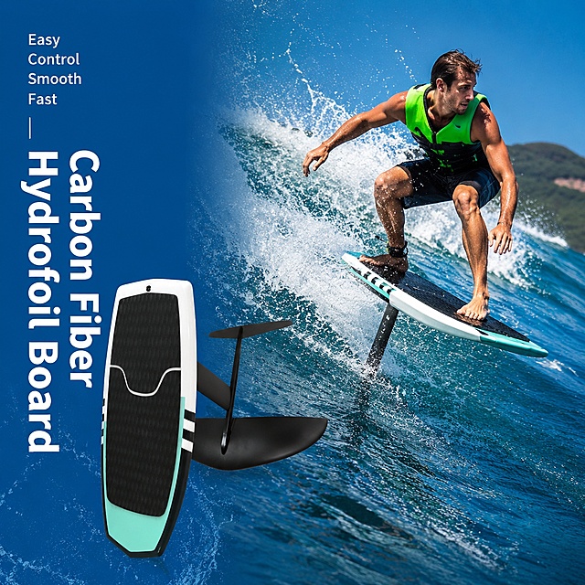 [Main Image 5] Real surfing scenario usage showcase image for carbon fiber hydrofoil surfboard
[Atmosphere Style] Dynamic, real UGC lifestyle style for TikTok
[Quality] Action photography, dynamic clear picture, high resolution, natural ocean light
[Elements] Right side shows a male surfer riding the hydrofoil surfboard on the ocean wave, left side shows our product front view with hydrofoil. Keep our product appearance (color, structure, material) exactly the same as original image, change all Chinese text to English. Blue ocean as background, natural surfing scenario.
[Lighting] Natural daylight, bright and dynamic, the interaction of light and shadow on the wave shows the sense of motion, the product texture is clear.
[Color Matching] Blue ocean as main background, retain product mint green, black and white color matching, overall vibrant and energetic.
[Perspective Composition] Left product vertical display area, right scenario action area, clear primary and secondary, product focus prominent.
[Text Layout] Left side vertical text alignment: Large title "Carbon Fiber Hydrofoil Board", small subtitle on top: Easy Control  Smooth  Fast. All English, white bold font, contrast with blue background, clear and readable, no Chinese characters.
[Output Requirements] 1:1 ratio, 2048x2048 pixels, ultra HD action photography quality, all text clearly recognizable.
[Negative Prompt] Deformed product, garbled text, blurred motion, watermark, Chinese characters, extra marketing labels.