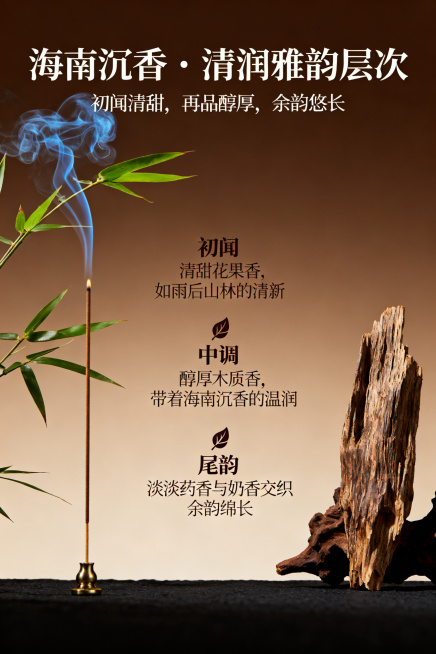 2:3竖版构图，渐变棕褐色背景从浅棕到深棕过渡，左侧点燃的线香淡蓝烟雾缓缓舒展，旁配新鲜竹枝，中间标注香气层次：「初闻：清甜花果香，如雨后山林的清新」「中调：醇厚木质香，带着海南沉香的温润」「尾韵：淡预览效果