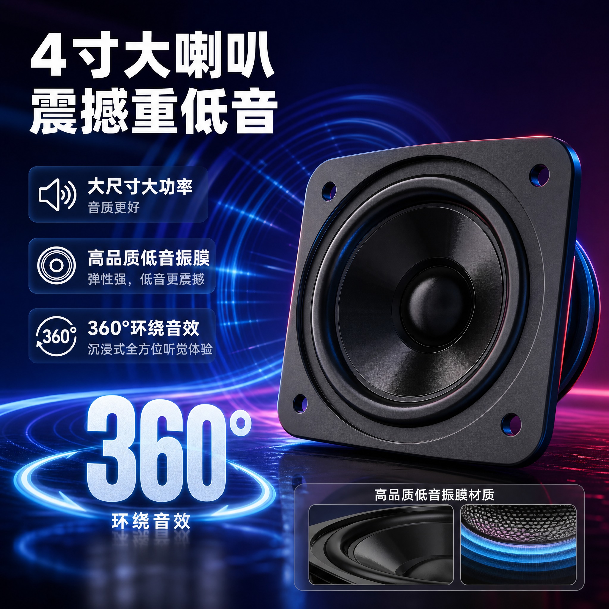 [主图-3] 核心价值-4寸重低音音质卖点，突出大喇叭与360… - 图片创意预览