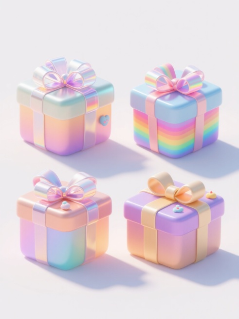 4个不同元素、不同样式、不同款式的赠品礼盒，采用3D渲染风格，具有光滑渐变的材质感，每个礼盒配以独特设计的透明光泽蝴蝶结，色彩搭配和谐明快，带有环绕式彩虹光晕和少量可爱装饰元素，整体排列整齐，置于纯白色背景上，光影效果柔和，高光表现细腻，营造出欢快明亮的氛围，具有清晰的视觉层级和高效的信息传达效率。预览效果
