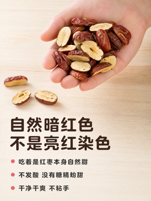 [第2屏] 红枣片品质细节展示，自然暗红色无染色卖点解析。
[氛围/风格] 真实自然，突出产品本真品质，干净可信，商业摄影质感。
[元素布局] 画面上半部分放置【图3】手抓红枣片特写，手抓一把红枣片展预览效果