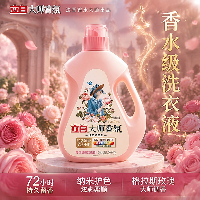 [主图-1] 立白大师香氛洗衣液香水级首图，抖音爆款沉浸式香氛体验。
[氛围风格] 法式轻奢 玫瑰庄园 高级香水广告质感 梦幻柔焦。
[画质] 商业摄影质感 电影级柔光 产品清晰真实 画面高级有氛围感 超高清。
[元素] 画面中央立白大师香氛粉色洗衣液瓶立于白色大理石圆台上，瓶身正面完整展示。产品周围环绕着大量盛开的格拉斯玫瑰花丛，有粉有红有浅白，层层叠叠形成花海。花瓣从空中缓缓飘落，形成动态感。背景是模糊的法式庄园拱门和柔粉色天空，远处有金色阳光穿透云层洒下。左上角立白品牌Logo。瓶身右侧有一缕金色香氛烟雾袅袅升起，烟雾中闪烁着微小的金色光点。产品占画面约55%。保持洗衣液产品外观（即物理结构、材质质感、颜色、标签图案文字）与输入产品图完全一致，杜绝任何变形和色差，精细化处理。场景光影自然融入，禁止产品边缘硬切、原图白底光影残留、悬浮感。
[光影] 右上方金色逆光勾勒产品轮廓，形成金边效果；左前方柔光补亮正面标签；玫瑰花瓣有通透逆光质感；整体光影梦幻柔和，有丁达尔光效。
[配色] 主色调玫瑰粉 金色；辅助色米白 浅紫 天空蓝；整体浪漫高级。
[视角构图] 平视微仰视角，产品居中为绝对视觉中心；花海前景+产品中景+庄园背景，层次丰富；景深较浅，背景虚化；画面满屏无边框。
[文字版式] 顶部居中品牌栏："立白大师香氛" 白色粗体大字 + "法国香水大师出品" 白色细体小字。产品右侧竖排大标题："香水级洗衣液" 金色粗体大字，字号最大，带轻微发光效果。底部通栏半透明深粉蒙层，左中右三列：左列"72小时" 白色大号数字+"持久留香" 白色小字；中列"纳米护色" 白色大号字+"炫彩柔顺" 白色小字；右列"格拉斯玫瑰" 白色大号字+"大师调香" 白色小字。文字全部清晰可读，不遮挡产品主体。
[输出要求] 1:1比例，文字清晰锐利，超高清商业摄影质感。
[负向提示词] 变形 文字错乱 产品图模糊 背景杂乱 水印 电商平台Logo 多余的手 畸形手 人物面部扭曲。