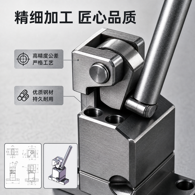 [主图3] 工装夹具工艺与材质细节特写。[氛围风格] 硬核工业质感，突出加工精度。[画质] 微距特写，超高清，金属细节纹理清晰。[元素] 主体为夹紧操作机构的放大特写，保持产品结构与输入图一致，展示金预览效果
