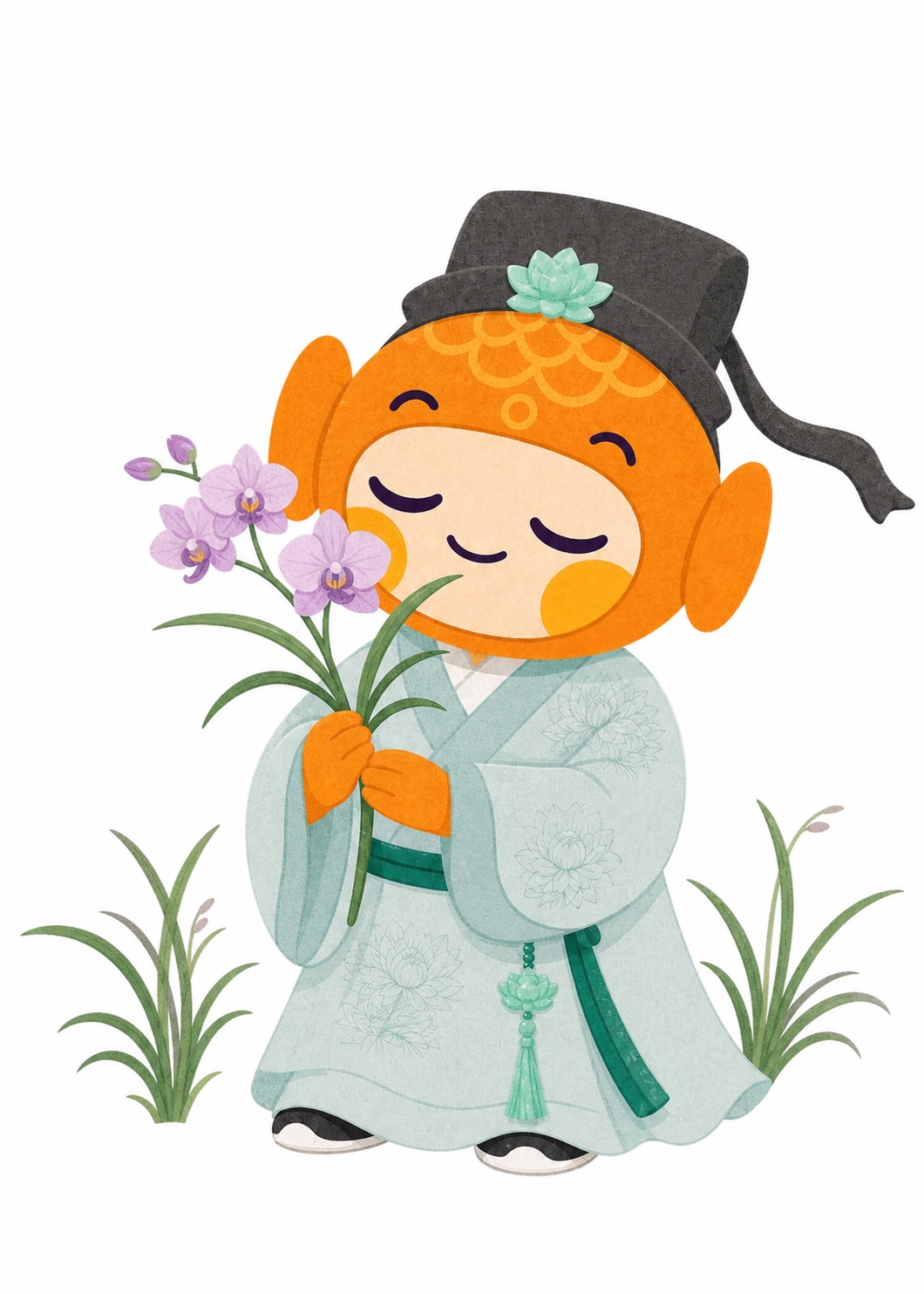 参考图中的橙色鱼形吉祥物，头戴黑色官帽（帽顶有青色莲花装饰），… - 图片创意预览