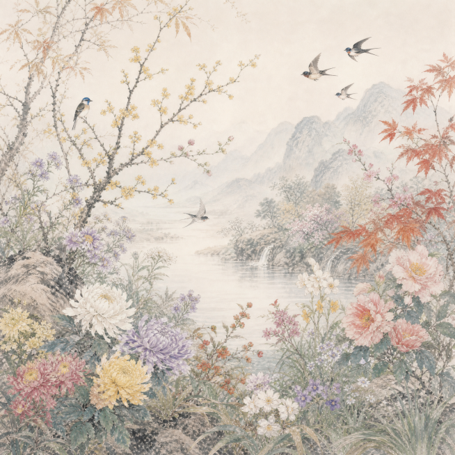 11月花鸟风景图，国画风格，各类花卉飞鸟，画面清新雅致，不包含任何文字，正方形，背景风格与参考图近似统一，保持相同的工笔国画风格和淡色背景预览效果