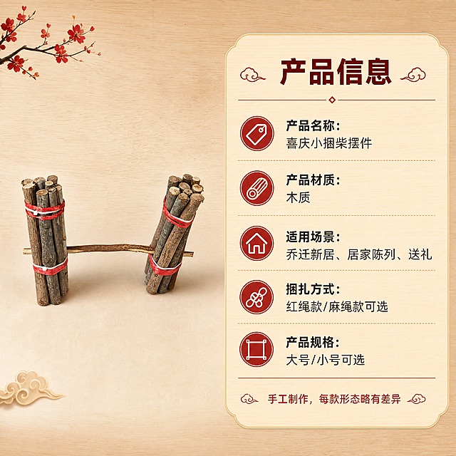 [商品] 使用【图1】红绳捆扎款小捆柴摆件正面标准照；保留完整结构、比例、材质和颜色；商品处理：保留原貌，优化光影让产品清晰立体。
[画面] 第8张·产品信息，目标清晰展示规格参数便于下单决策。左图右文构图，左侧产品标准照占画面约45%，放置在浅米色干净背景中，右侧为圆角信息卡区域，背景是浅木色纹理。整体简洁明了，信息层级清晰。
[视觉] 套系策略：风格=新中式喜庆温馨商业摄影风；标题字=阿里巴巴普惠体粗体；正文字=阿里巴巴普惠体常规体；主色=暖木棕+中国红；背景延展=基于暖木棕做深浅层级、同色渐变和细腻木纹/宣纸质感；强调色=中国红，仅用于小面积图标、引线、标签和喜庆装饰；标题色=深棕红；正文色=暖深灰；组件=圆角浅木色信息卡、细红线引线、祥云小图标；光影=正前柔光，产品清晰无重影。
[文字] 右侧信息卡顶部标题"产品信息"，下方分栏横排列出："产品名称：喜庆小捆柴摆件""产品材质：木质""适用场景：乔迁新居、居家陈列、送礼""捆扎方式：红绳款/麻绳款可选""产品规格：大号/小号可选"。底部一行温馨提示"手工制作，每款形态略有差异"。所有文字横排，字号保证移动端清晰可读。
[规格] 图片比例1:1正方形，4K，负向提示：避免变形、错字、文字过小、冷蓝背景、极限词、环保/天然/原生态词汇、淘宝违禁词、小标致图案、平台Logo、二维码。