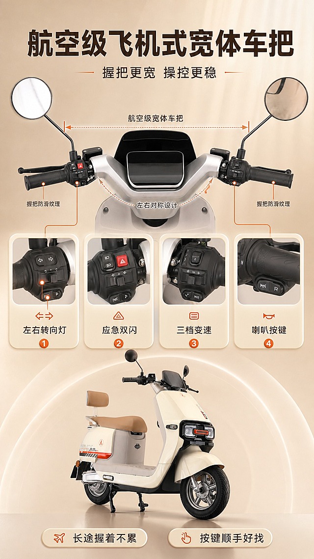 [商品] 使用【图1】车头正视特写（宽体车把、左右手把、按键、后视镜、仪表）；【图2】整车 3/4 前侧全貌。保留车把造型与宽度、把套、按键布局、后视镜、车身配色与原有文字图案，不得改写、不得改变车把形态。\n[画面] 目标：突出航空级飞机式宽体车把与操控感。构图：上部主标题与副标题；中部大图为车头与车把特写（用细线标注车把宽度与左右对称、把套、按键区），下方四张小卡分别用细线引线指向车把对应位置（左右转向灯按键、应急双闪开关、三档变速按键、喇叭按键）；下部两枚胶囊横排。卡其渐变背景与 3D 卡片，光影与套系一致。\n[视觉] 套系策略：风格=卡其色系 3D 高级电商详情风（奶油白与浅卡其主色、3D 圆角立体卡片、产品悬浮投影与地面反射、细线标注）；标题字=现代无衬线粗黑体；正文字=细黑体；主色=浅奶油白到浅卡其渐变；背景延展=卡其同色系深浅渐变加细腻亚麻质感与柔和径向光晕；强调色=暖橙红（仅小面积图标、引线、标签、数字）；标题色=深咖啡；正文色=中暖灰；组件=3D 圆角卡片、胶囊参数条、细线标签；光影=左前暖光加右后轮廓光。\n[文字] 主标题「航空级飞机式宽体车把」；副标题「握把更宽 操控更稳」；四张小卡文字：「左右转向灯」「应急双闪」「三档变速」「喇叭按键」；两枚胶囊：「长途握着不累」「按键顺手好找」。文字全部横排，禁止竖排、旋转、斜排。\n[规格] 图片比例 9:16 竖版，4K；避免：绝对化用语、平台 Logo／水印／二维码、竖排或旋转文字、产品变形、冷蓝冷灰作为主色。负向：变形、错字乱码、车把结构改变、文字过小。