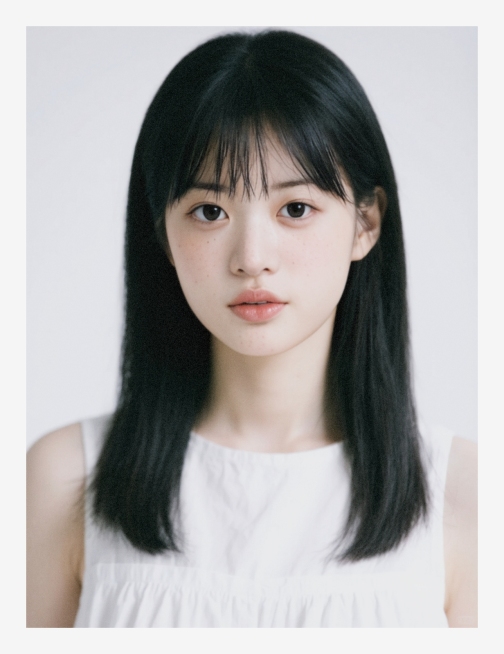 一个女生，正面对镜头，胸部以上身体入镜，黑长直发型，中分刘海，白色背景，照片中部光线较强大光圈预览效果