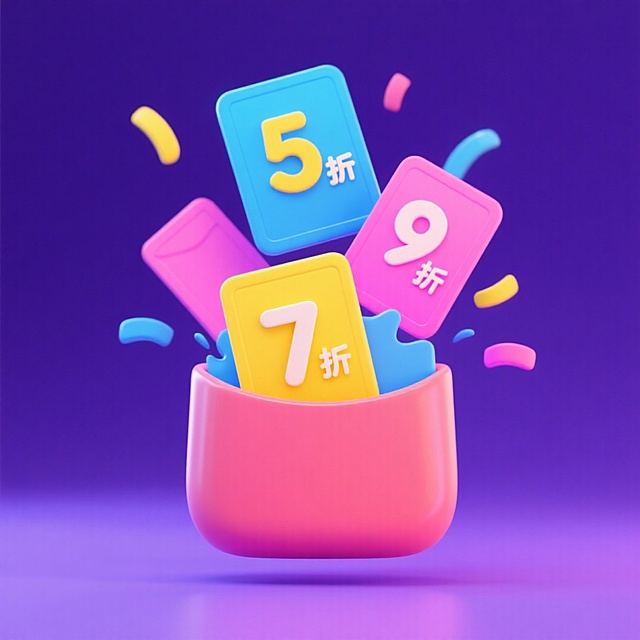 一个长方形红包打开处，喷出蓝、黄、粉色彩的三张优惠券，优惠券上分别标注有“5折”““7折”““9折”，紫色背景