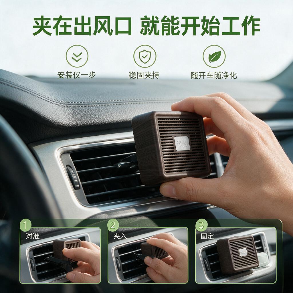 天猫电商安装使用图，一只手正在把参考图中的深木纹方形车载净化器… - 图片创意预览