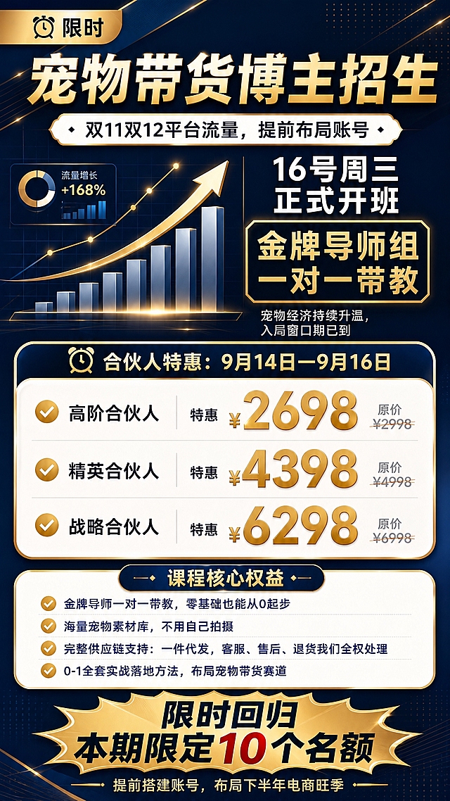 基于参考图1的深蓝金高端商务风格与版式骨架进行修改重绘，竖版9:16课程招生海报，整体保留深蓝渐变背景+金色描边+金色光效的高端质感。

修改要求：
1. 移除画面中所有宠物图片（猫狗剪影、宠物图案等），替换为上升柱状图、金色箭头、数据图表等商业增长元素，保持商务高端感。
2. 价格区居中放大，成为视觉核心，三档价格数字要醒目突出。
3. 课程核心权益区放在价格区下方，采用金色对勾图标+白底圆角卡片列表形式。
4. 最底部文案改为"限时回归 本期限定10个名额"，用爆炸贴或金色标签突出显示。

画面分区从上到下：
【顶栏】左上角金色圆角标签，内有闹钟图标+"限时"二字。
【主标题区】超大金色粗体字主标题"宠物带货博主招生"，下方白色圆角副标题条，文字为"双11双12平台流量，提前布局账号"。
【开班信息区】右侧信息块："16号周三 正式开班"白色大字，下方金色描边方框内写"金牌导师组 一对一带教"金色大字；左侧配上升柱状图和金色箭头图形装饰，无宠物图案。底部小字"宠物经济持续升温，入局窗口期已到"。
【价格区（居中放大，视觉核心）】顶部深蓝色标题栏带闹钟图标，写"合伙人特惠：9月14日—9月16日"；下方白色圆角大卡片，三档价格水平居中排列，每档含：金色对勾图标+档位名（左）+特惠价超大号金色数字（右）+原价灰色小字划线：
- "高阶合伙人" 特惠"¥2698" 原价"¥2998"
- "精英合伙人" 特惠"¥4398" 原价"¥4998"
- "战略合伙人" 特惠"¥6298" 原价"¥6998"
价格数字必须最大最醒目，整体居中对齐。
【课程核心权益区（价格下方）】深蓝色标题栏写"课程核心权益"，下方白色圆角卡片内4条权益，每条前配金色对勾图标：
1. "金牌导师一对一带教，零基础也能从0起步"
2. "海量宠物素材库，不用自己拍摄"
3. "完整供应链支持：一件代发，客服、售后、退货我们全权处理"
4. "0-1全套实战落地方法，布局宠物带货赛道"
【最底部】金色爆炸贴形状突出显示"限时回归 本期限定10个名额"大字，下方小字"提前搭建账号，布局下半年电商旺季"。

视觉风格：深蓝渐变背景（深藏青到深蓝），金色描边与光效点缀，商务高端质感，细网格底纹，几何斜切分割，版式精美，信息层级分明，所有文字清晰可读。
画面中所有信息区域、价格卡片、权益列表必须填充完整合理内容，不得出现空白框或占位。
画面中所有数字必须精确渲染，不得错位、遗漏或编造。
