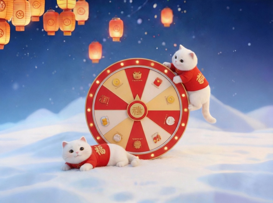 抽奖转盘竖立在雪地上，一只穿着红色“福”字毛衣小猫攀爬在转盘的右边。一只趴在转盘左边的雪地上。预览效果