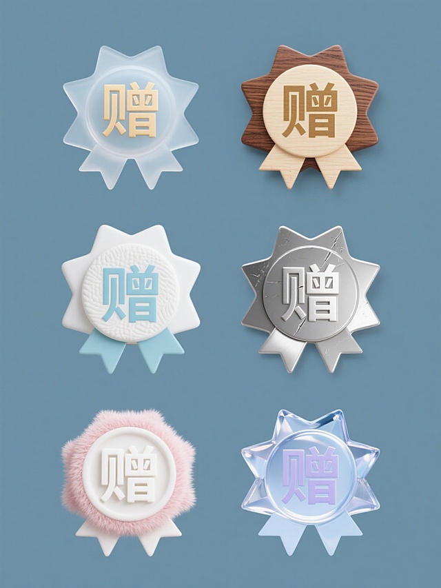 六个不同材质的“赠”字徽章系列，每个徽章均为相同的星形放射状边缘设计，中心圆形区域内有金色“赠”字，底部带有对称飘带，元素造型保持一致。第一个徽章为磨砂玻璃材质，半透明白色背景，徽章主体呈淡蓝色磨砂质感，文字为浅金色；第二个为木质材质，米色背景，徽章为深棕色木纹，文字为原木色；第三个为金属材质，灰色背景，徽章呈银色金属光泽，带有细微划痕，文字为亮银色；第四个为陶瓷材质，浅灰色背景，徽章为白色陶瓷，表面有细腻纹理，文字为淡蓝色；第五个为毛绒材质，浅粉色背景，徽章为粉色毛绒质感，文字为白色；第六个为水晶材质，浅蓝色背景，徽章为透明水晶质感，内部有折射光效，文字为淡紫色。所有徽章规整排列成两行三列，每个徽章独立置于纯色背景中，整体设计简洁，信息传达清晰，具有统一的视觉风格和系列感。