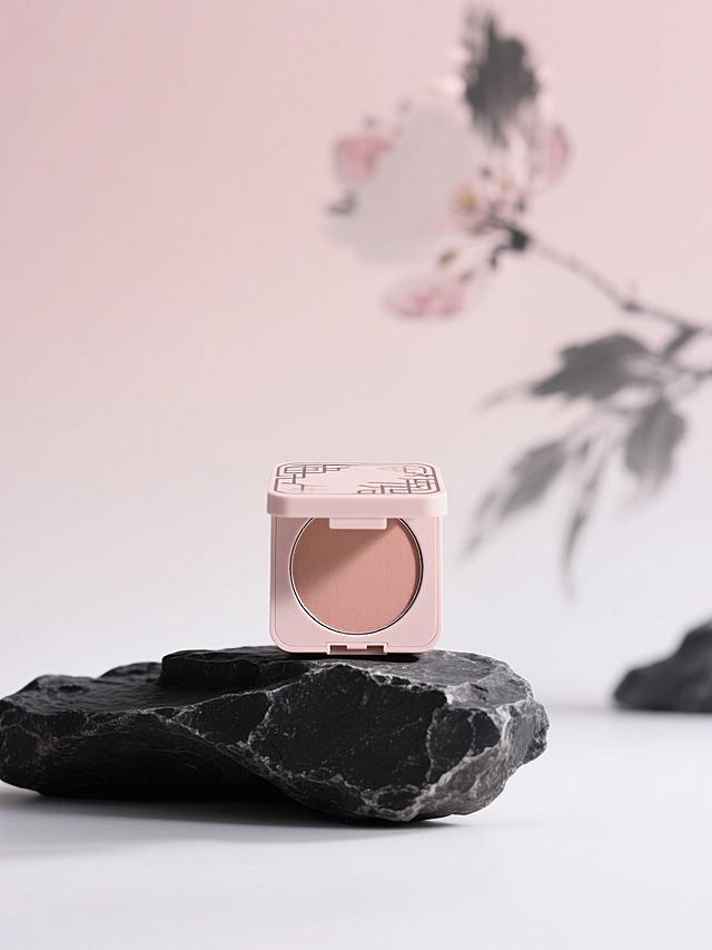 简约东方美学风格，主体是浅粉中式风外壳的腮红盘，置于黑色岩石台座，背景虚化融入水墨花影，浅粉色渐变背景