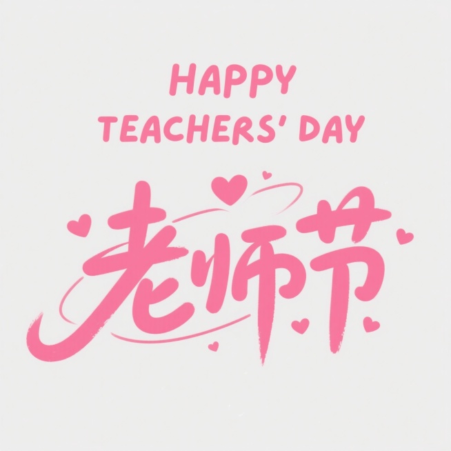 教师节主题艺术字设计，粉色手写风格字体，上方是“HAPPY TEACHERS' DAY”英文，下方是中文“老师节”，中间有一条线穿插“老师节”三个字，周围点缀爱心装饰元素，整体氛围温馨充满节日感，白色预览效果