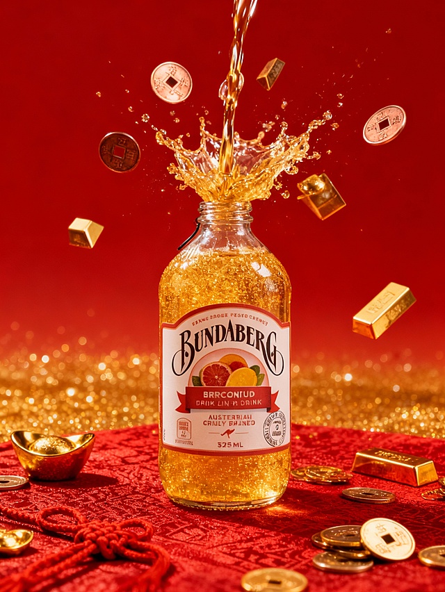 主体（里面是金色的液体）是向图示商品中倾倒金色液体，瓶口飞溅出铜钱、金元宝、金条等元素；底部铺红色纹理桌布，点缀散落的铜钱、金元宝及红色中国结绳；背景为渐变正红底色，叠加金色闪粉增强氛围感。