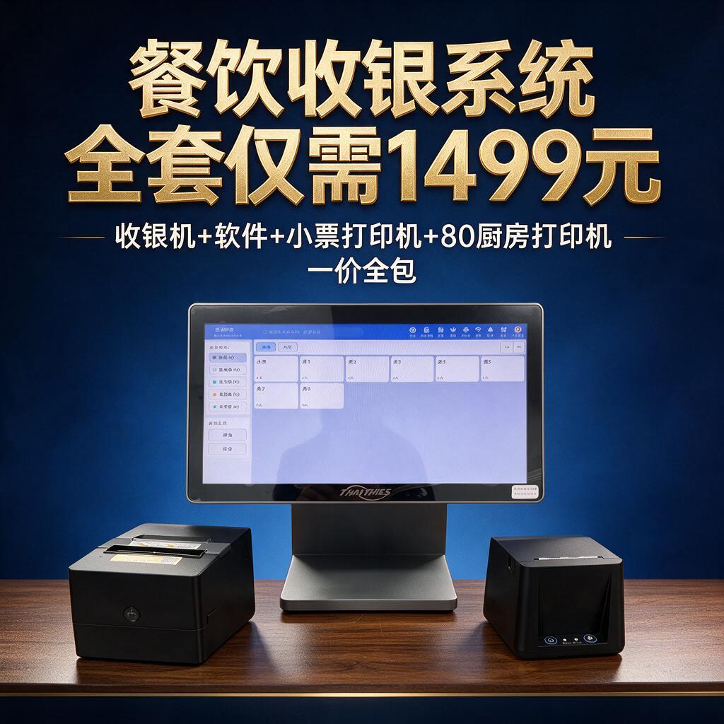 餐饮收银系统投流广告图第1张（主图），深蓝色科技渐变背景，画面… - 图片创意预览