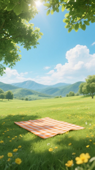 超写实3D渲染风格的夏日户外风景，明亮通透的光线从茂密的树叶间隙洒落，在翠绿的草地上形成斑驳的光影效果，广阔的绿色草原上点缀着黄色小花，一条橙色与白色相间的格子野餐毯铺在草地上，远处是连绵起伏的青山和蓝天白云，整体色调清新明快，充满宁静惬意的氛围，低角度仰拍视角，展现开阔的自然景观，画面中没有LOGO、电话地址及二维码等元素。预览效果